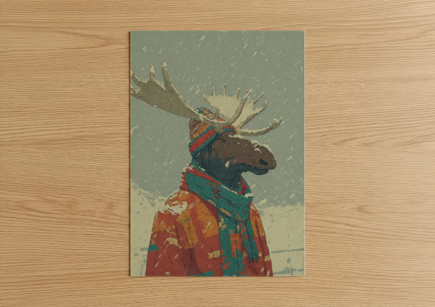 Art print on warm oak wood — sage green and red palette — Festive Elk Portrait poster