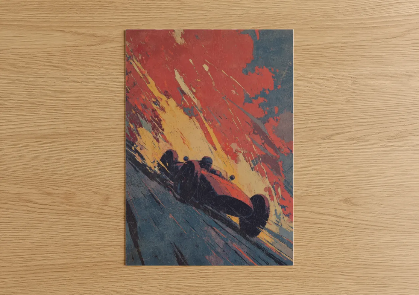 Sports car art print on warm oak wood — red and yellow gold palette — Crimson Racer poster