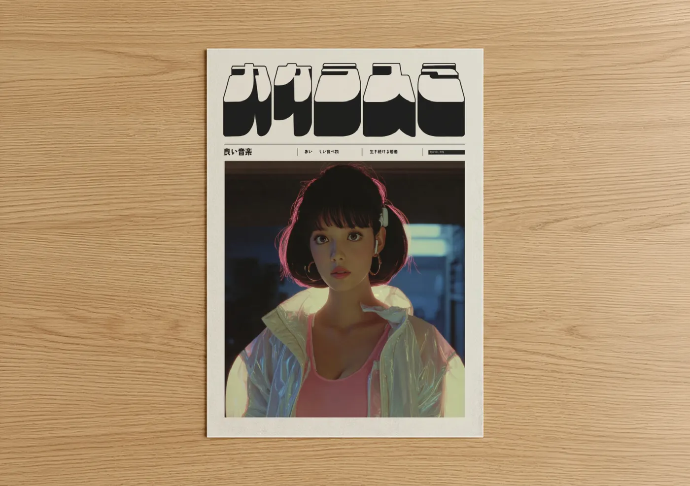 Anime and manga art print on warm oak wood — magenta and blue palette — Neon Y2K Girl poster