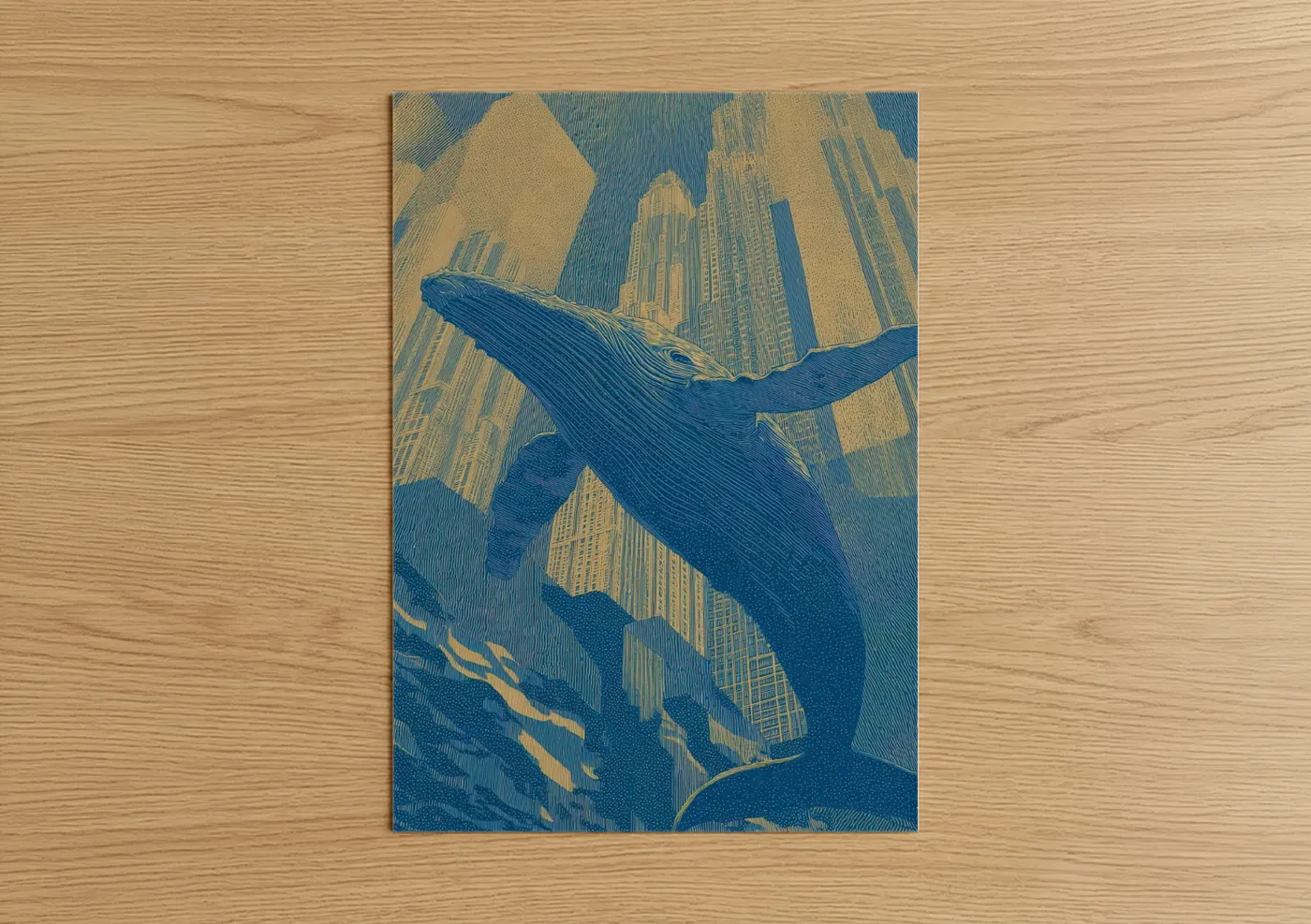 Blue whale art print on warm oak wood — blue and gold palette — Urban Whale poster