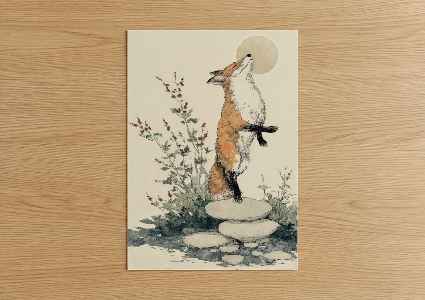 Art print on warm oak wood — cream and sage green palette — Moonlit Fox poster