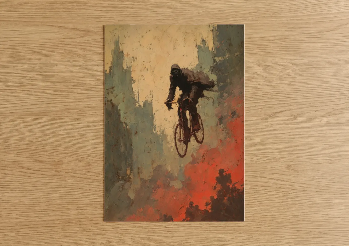 Urban bicycle art print on warm oak wood — gold and red palette — Urban Cyclist poster