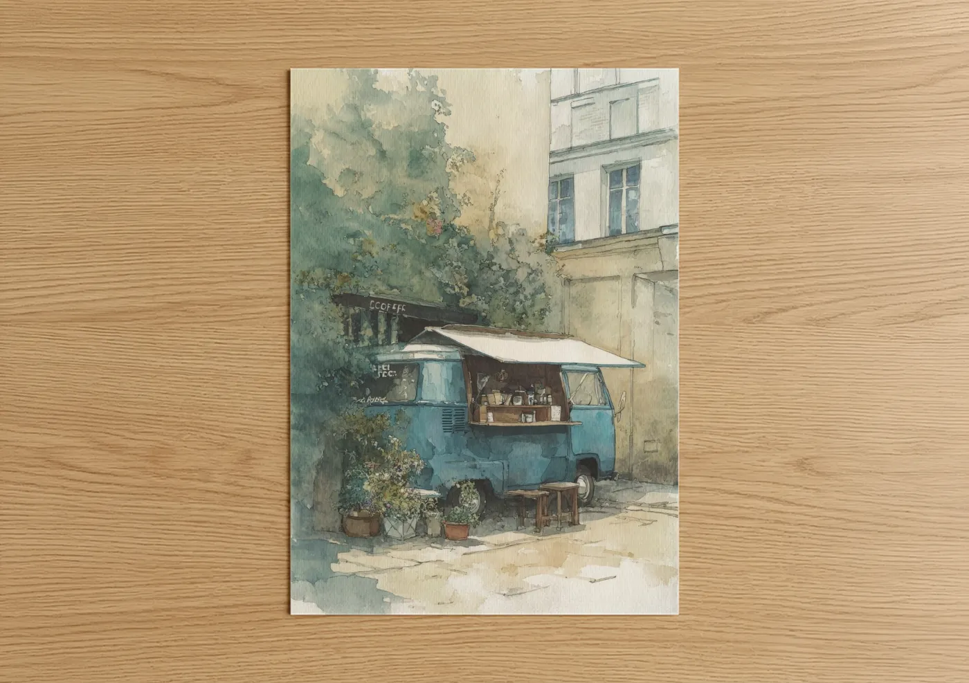 Blue Coffee Van Vintage Watercolor Wall Art