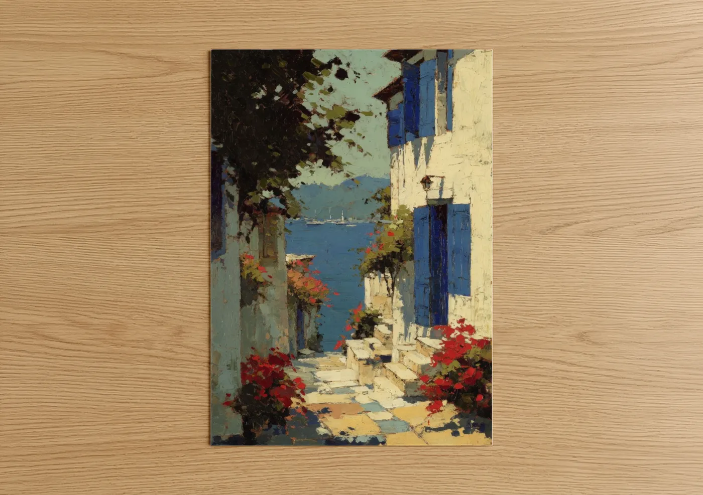 Art print on warm oak wood — blue and cream palette — Coastal Island Alley poster