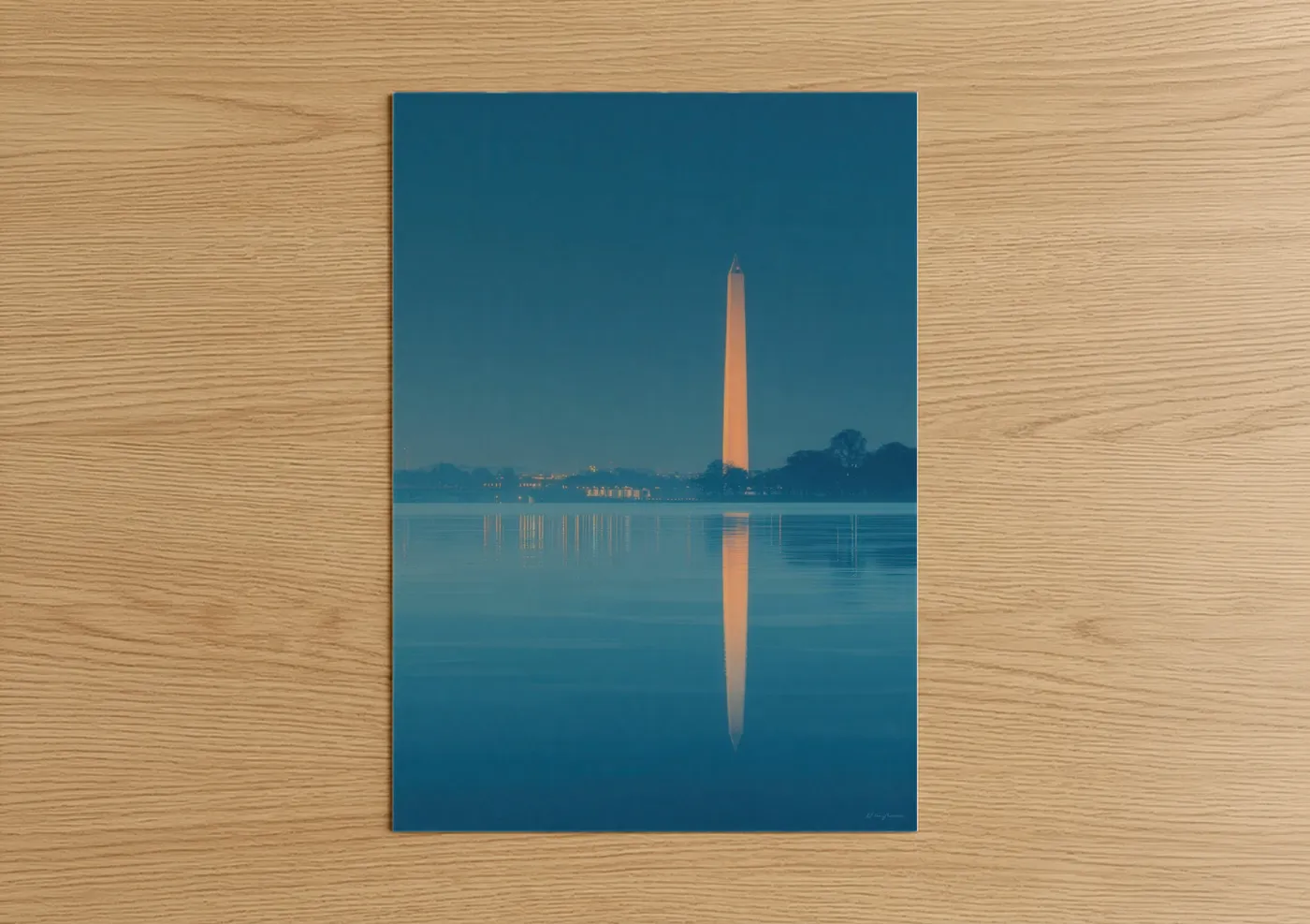 Washington monument art print on warm oak wood — blue and peach palette — Dawn Monument Reflection poster