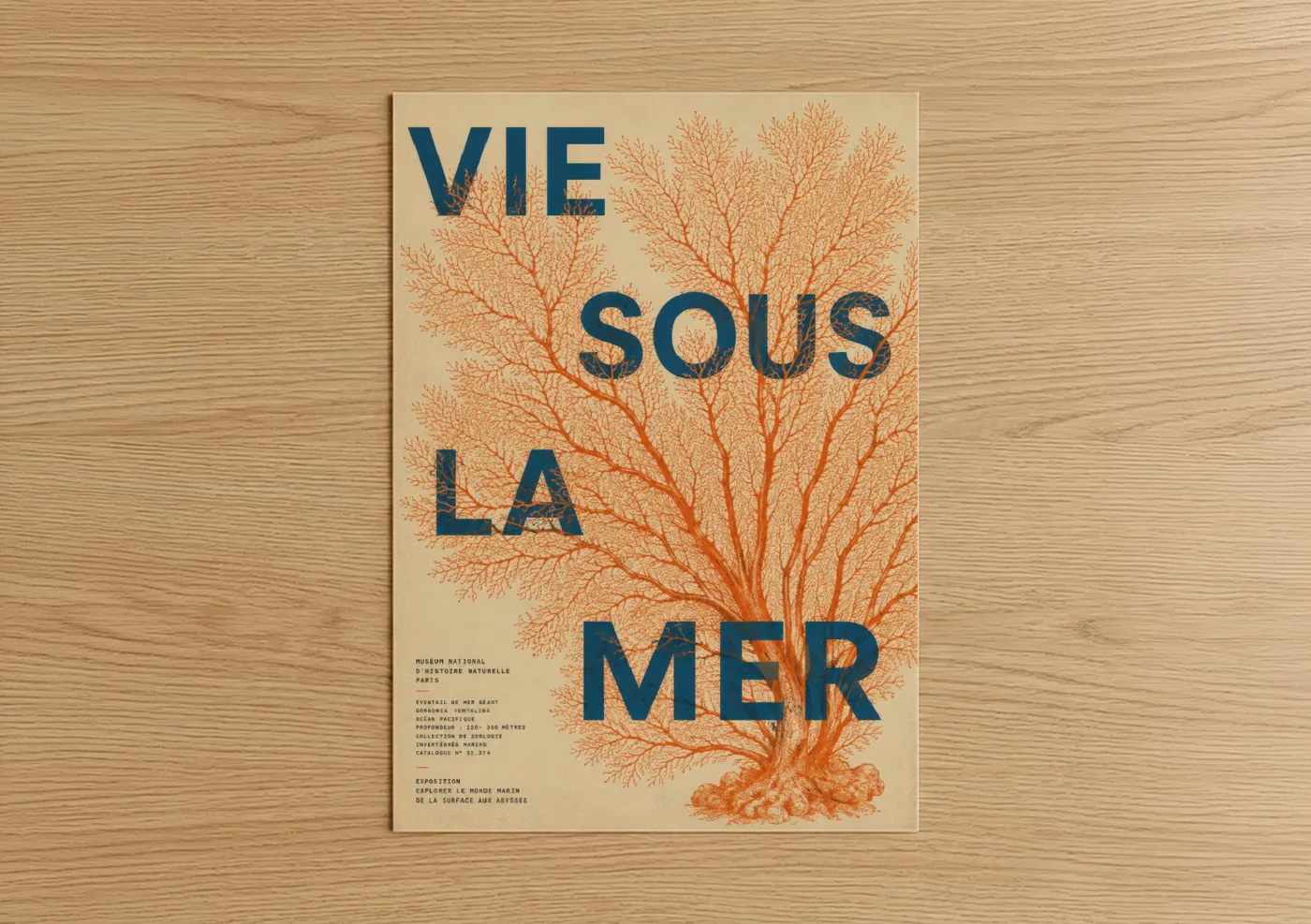 Art print on warm oak wood — orange and blue palette — Coral Tree French Typography Wall Art poster
