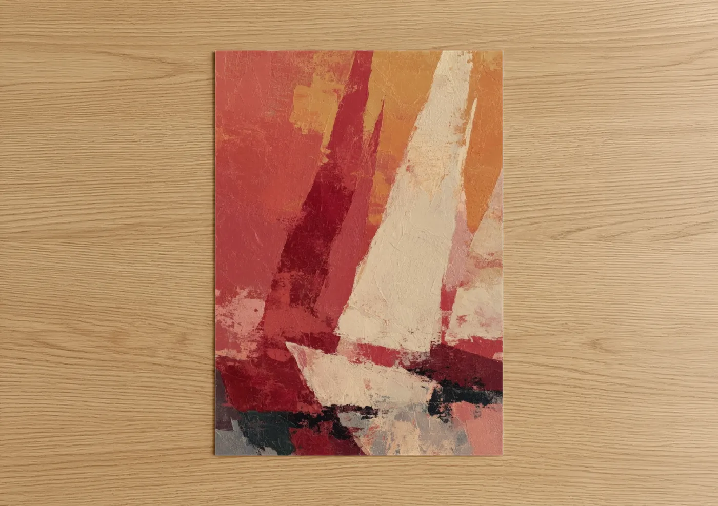 Sailing art print on warm oak wood — maroon and cream palette — Crimson Sailboat poster