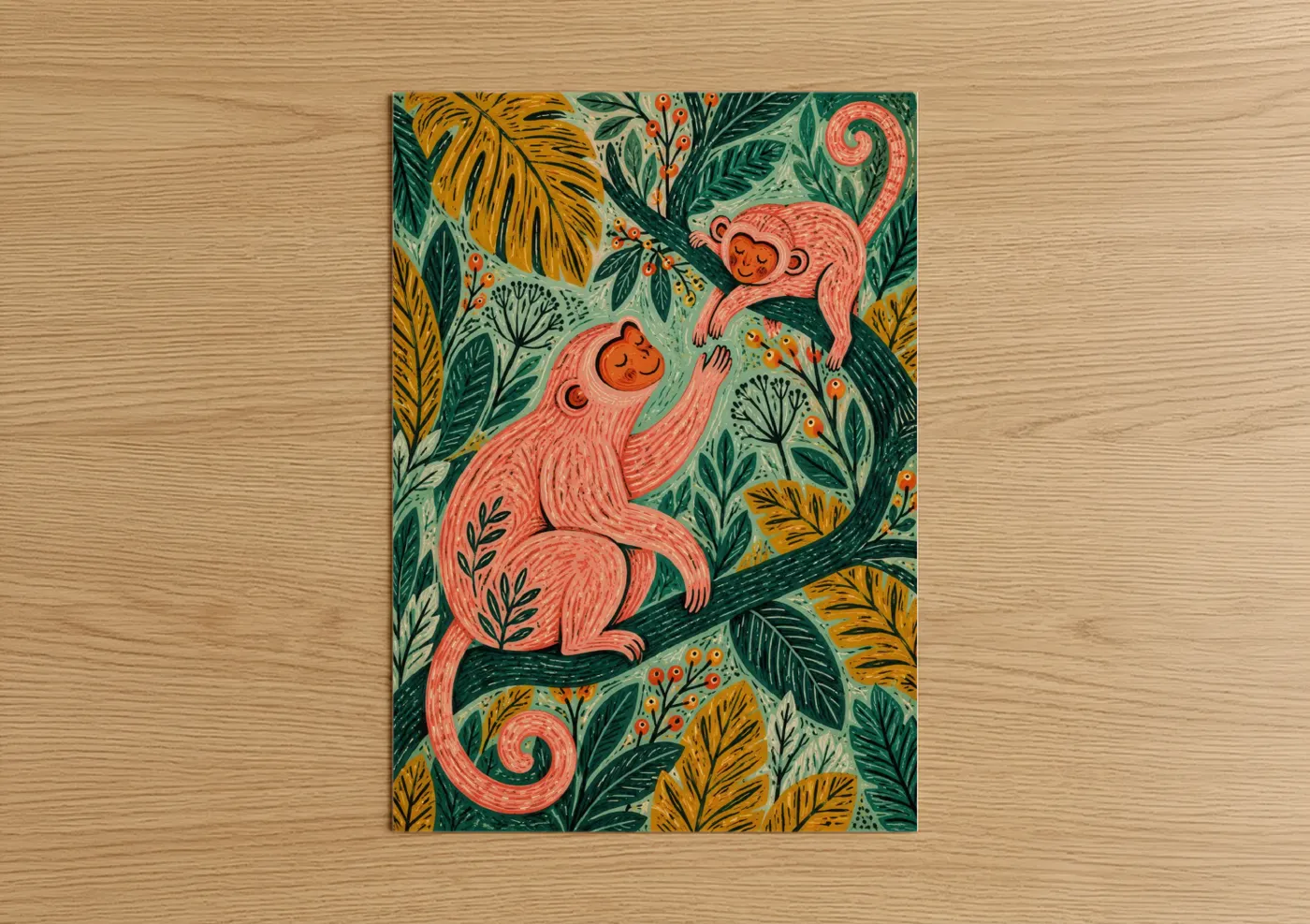 Art print on warm oak wood — teal and salmon pink palette — Tropical Monkeys in Jungle Wall Art poster