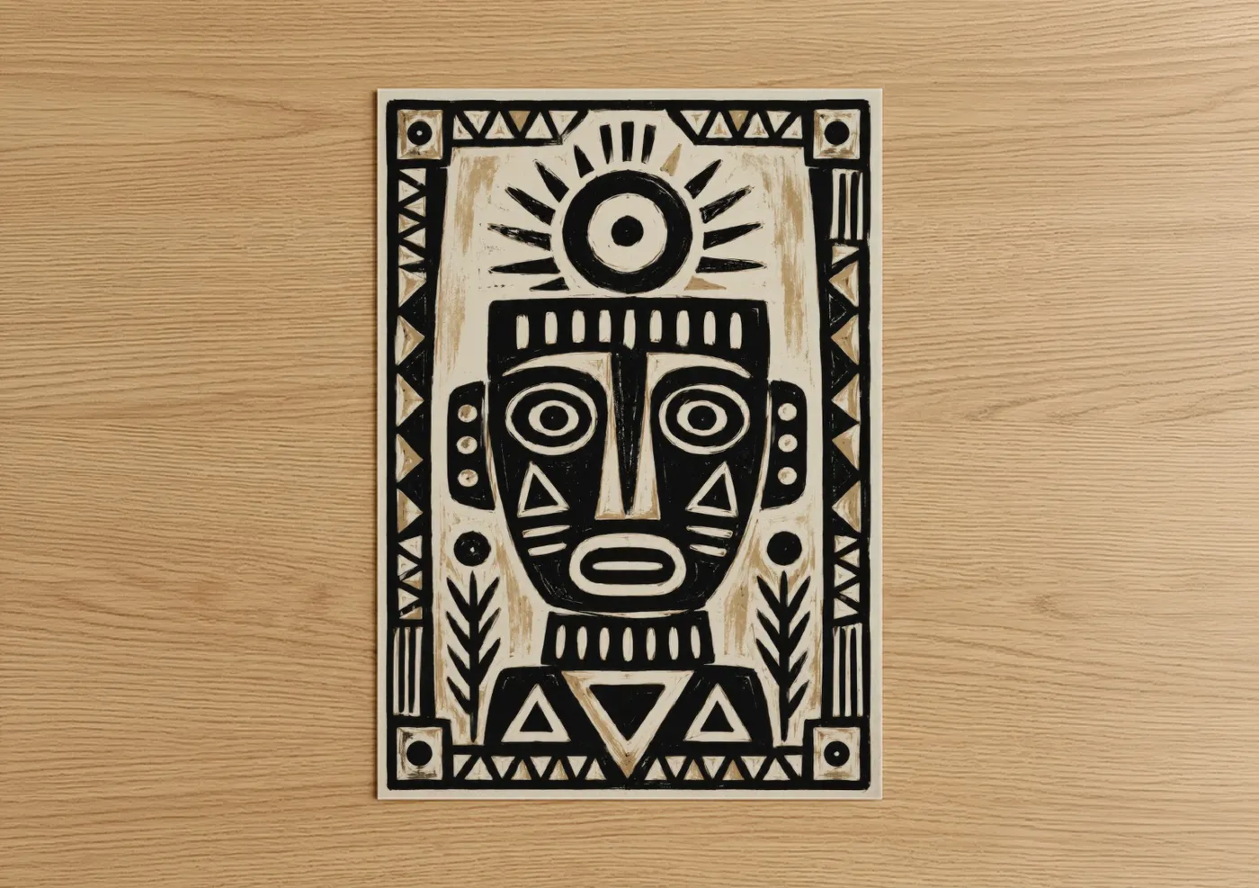 Fantasy and sci fi art print on warm oak wood — black and white and beige palette — Tribal Mask Geometric Wall Art poster