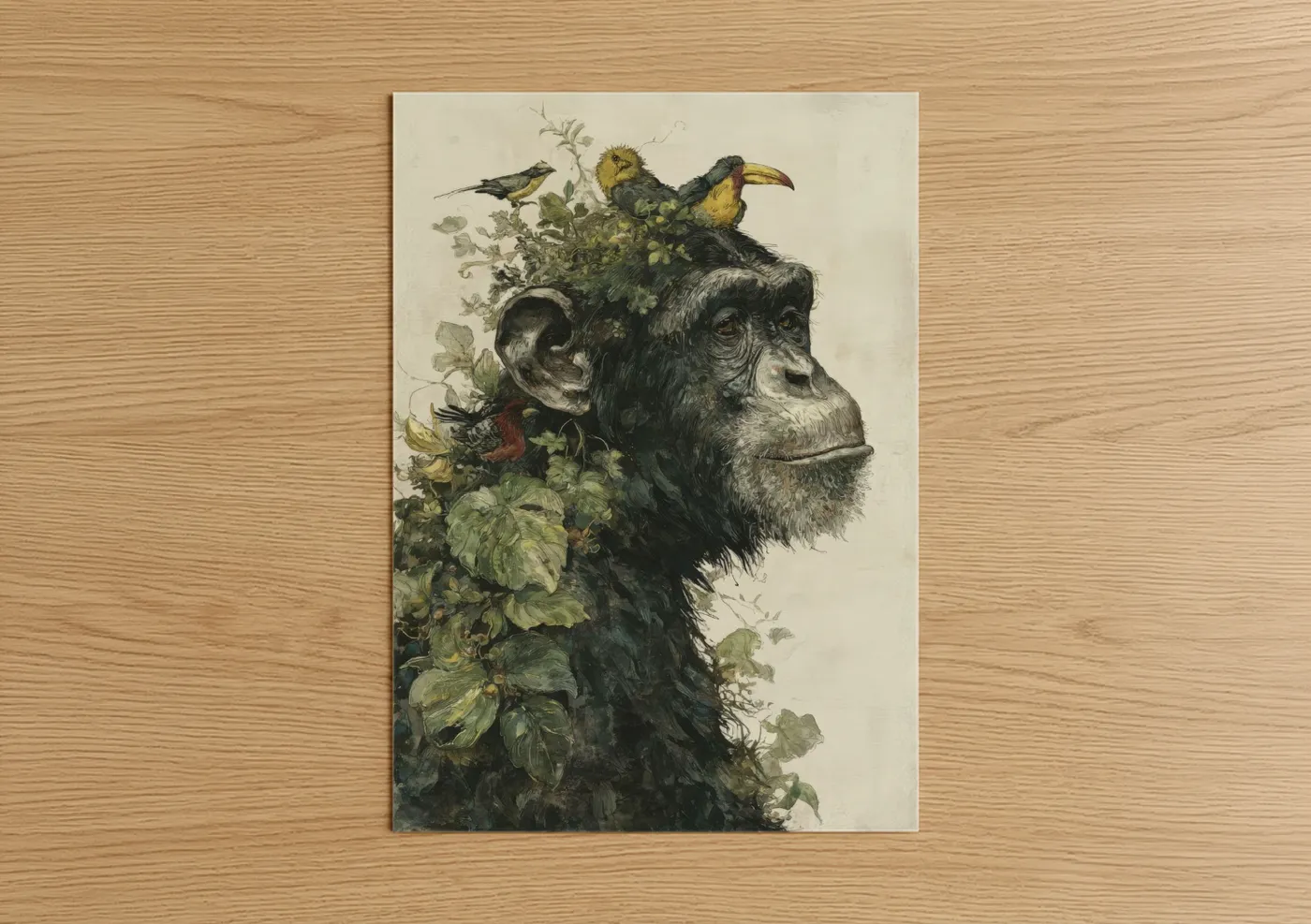 Art print on warm oak wood — beige and light green palette — Botanical Chimpanzee poster