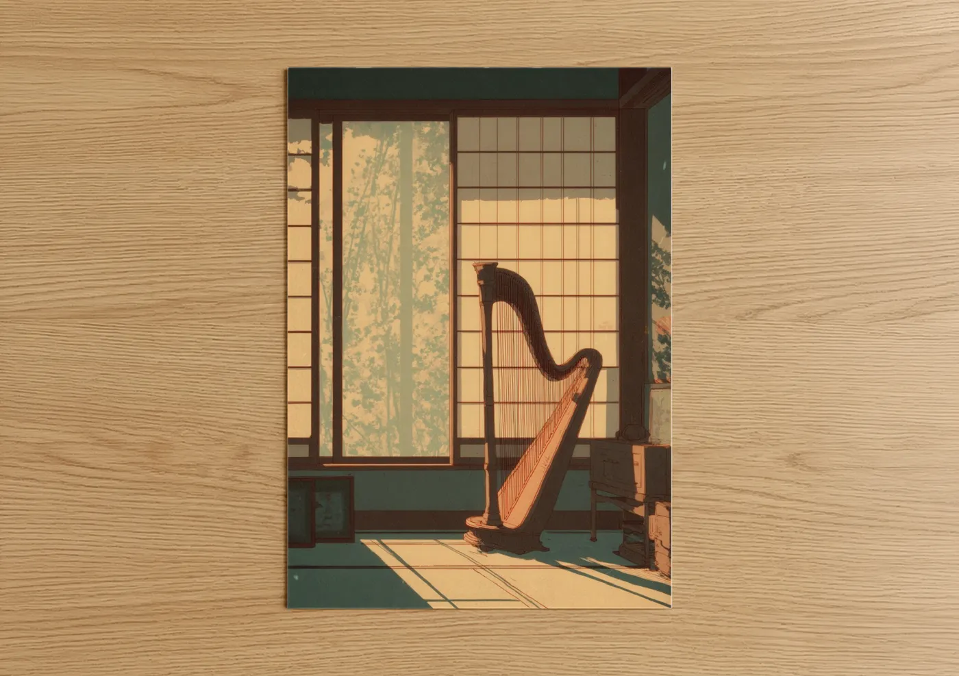 Art print on warm oak wood — cream and gold palette — Sunlit Harp poster