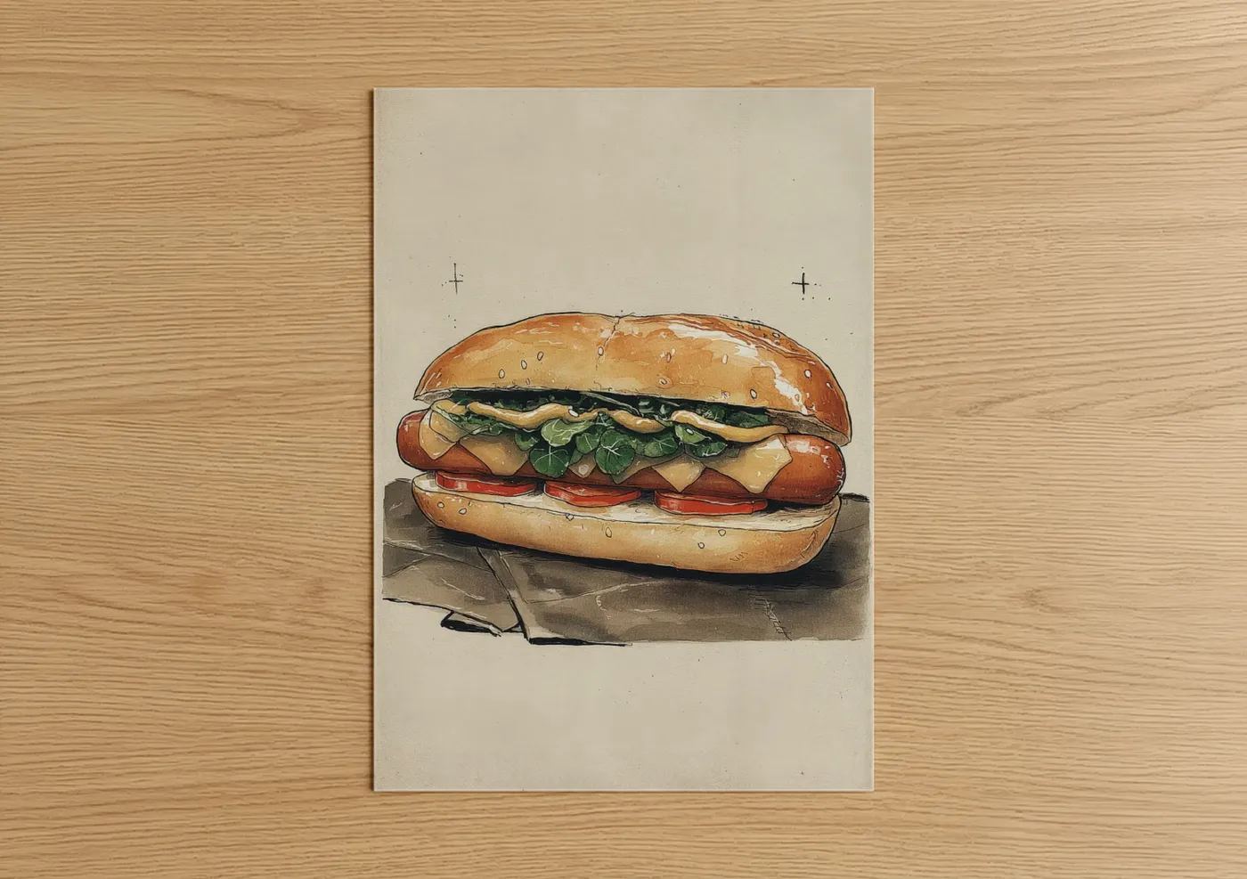 Fast food art print on warm oak wood — cream and brown palette — Classic Burger Stack poster