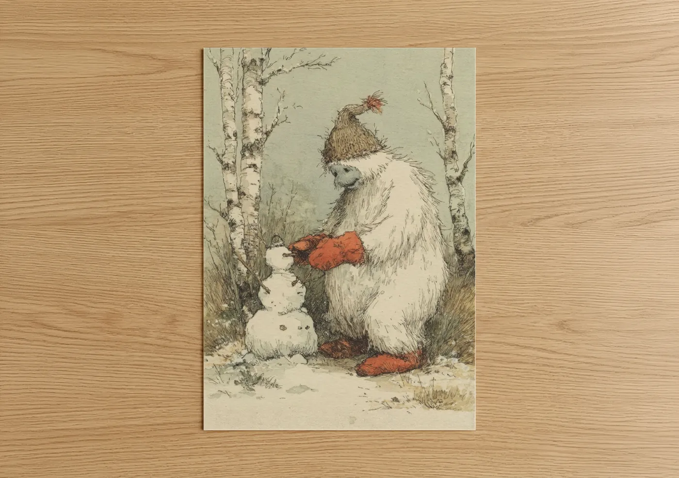 Art print on warm oak wood — cream and russet palette — Snowy Yeti poster