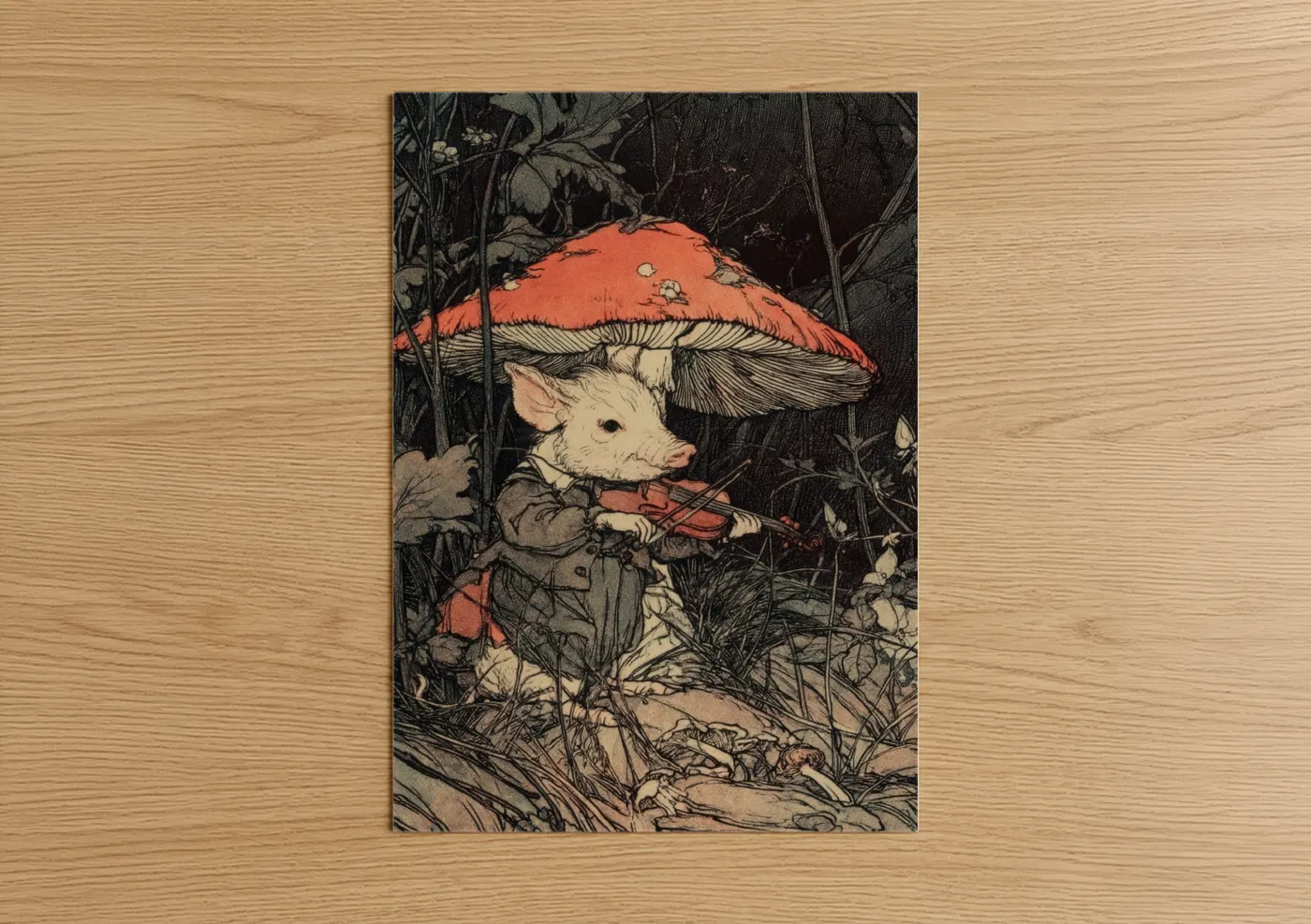 Whimsical Pig Mushroom Hat Illustration Wall Art
