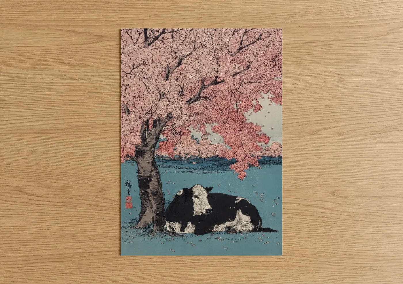 Angus cow art print on warm oak wood — pink and blue palette — Cherry Blossom Angus poster