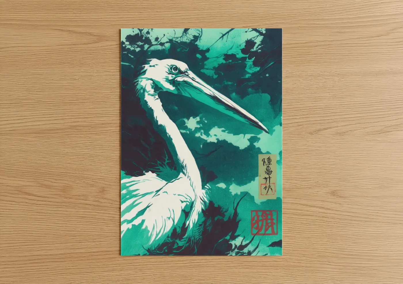 Art print on warm oak wood — teal and white palette — Emerald Pelican poster