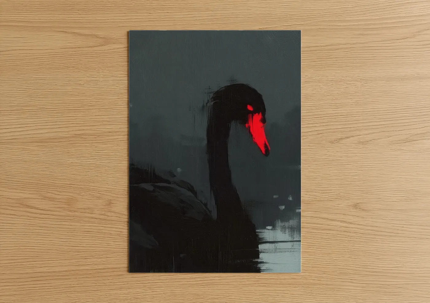 Art print on warm oak wood — black and white and red palette — Crimson Swan poster