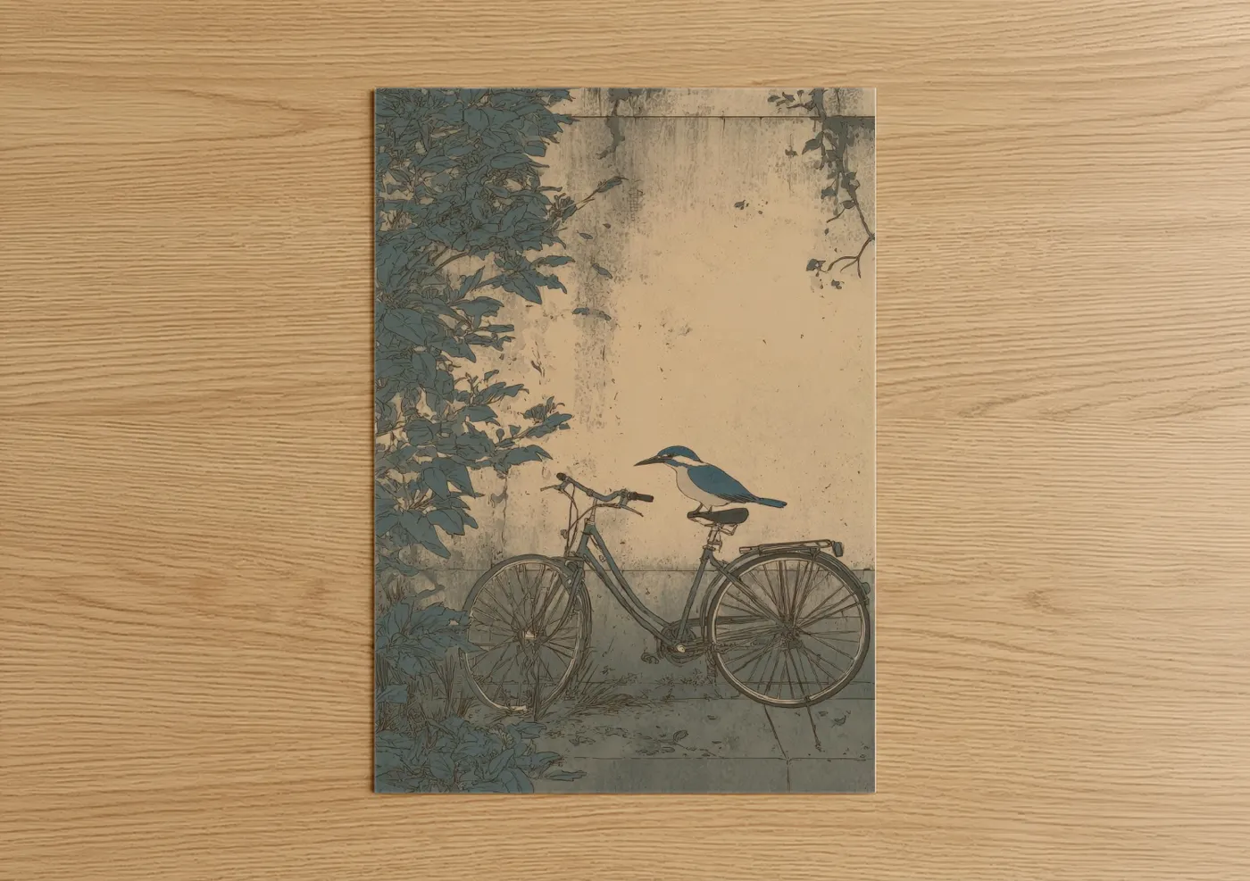 Vintage Urban Bicycle With Bird Illustration Wall Art