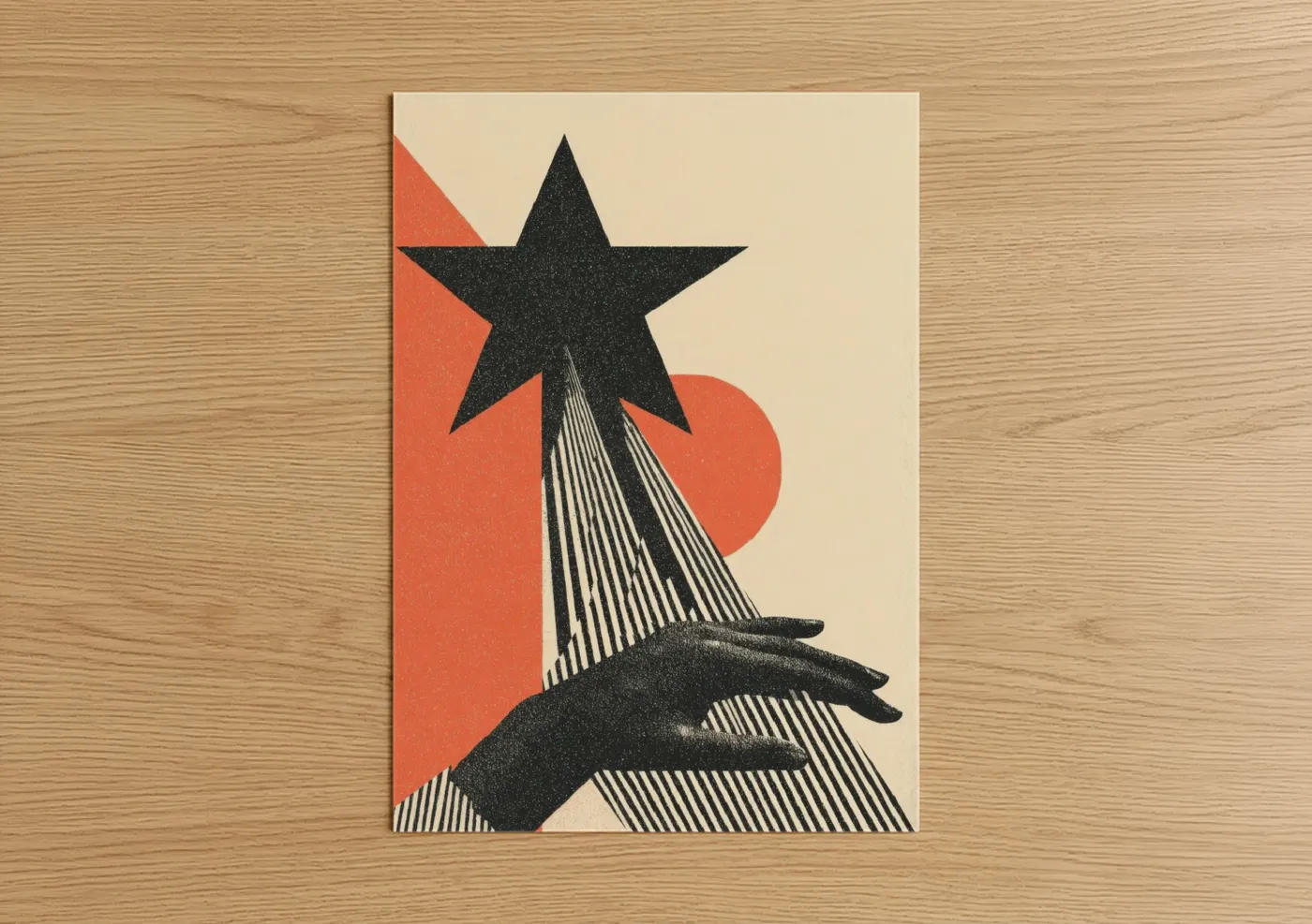 Juneteenth art print on warm oak wood — black and white and pumpkin palette — Cosmic Celebration poster
