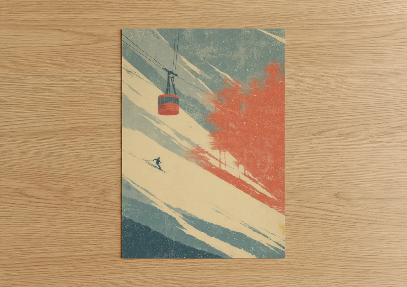 Skiing art print on warm oak wood — cream and sage green palette — Alpine Descent poster