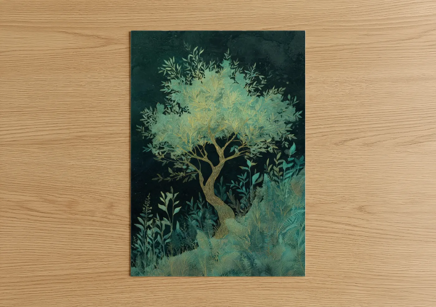 Art print on warm oak wood — dark green and gold palette — Golden Olive Tree poster