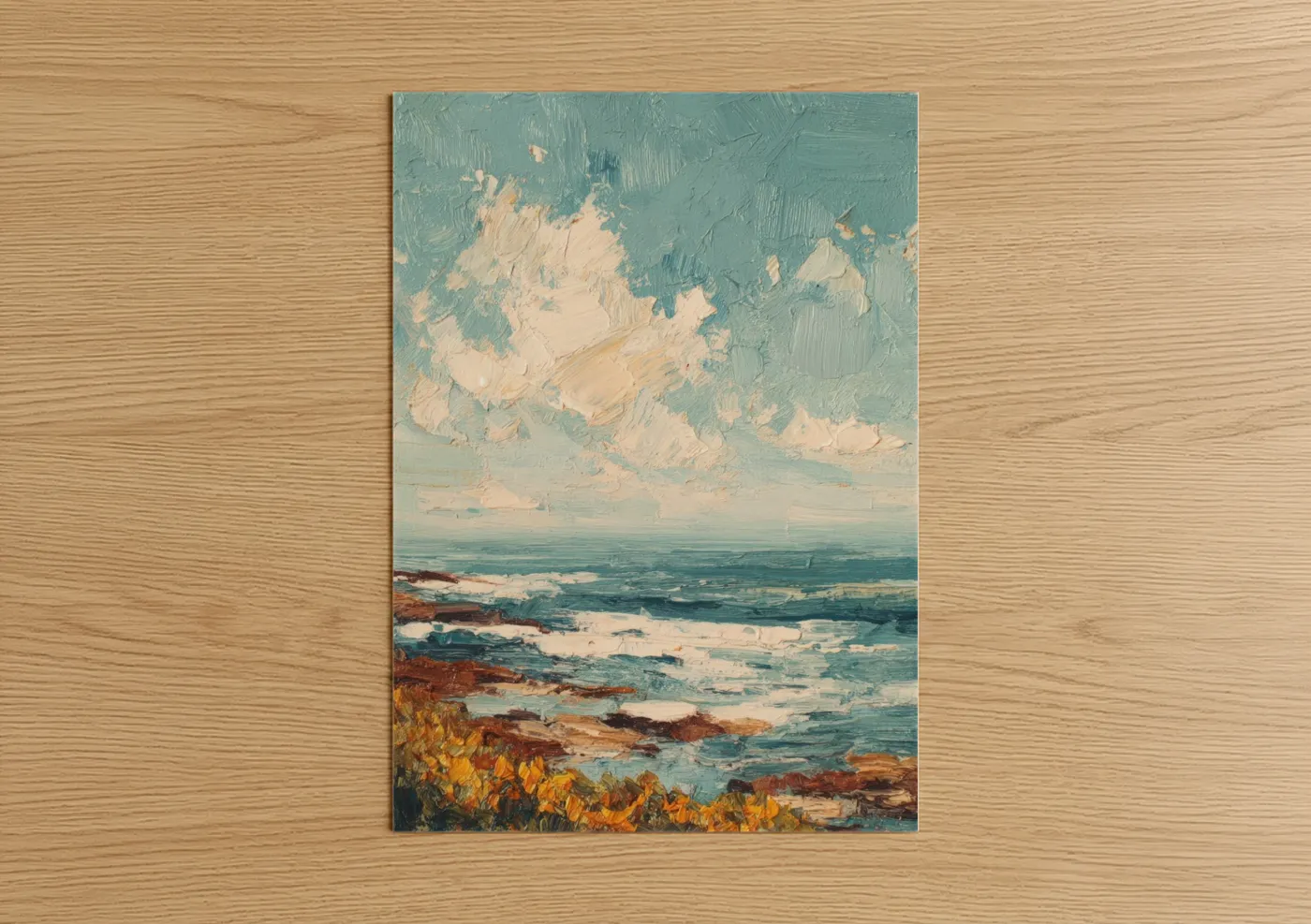 Morning sky art print on warm oak wood — teal and cream palette — Coastal Morning Light poster