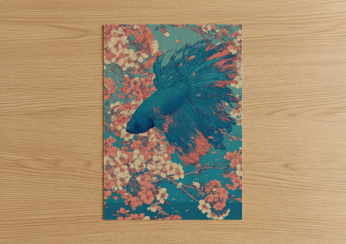 Betta fish art print on warm oak wood — teal and salmon pink palette — Crimson Betta Dance poster