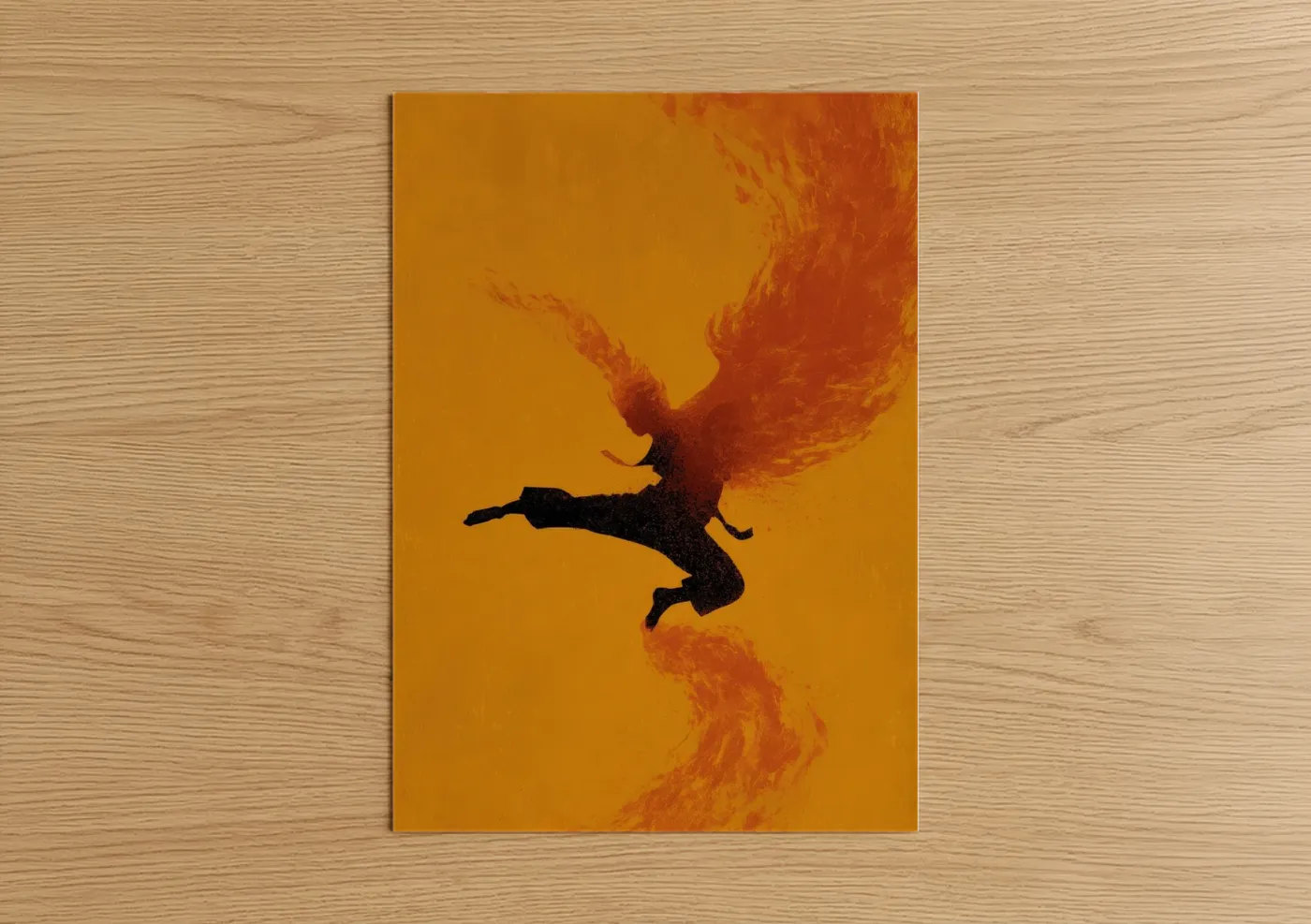 Art print on warm oak wood — gold and red palette — Fiery Taekwondo poster