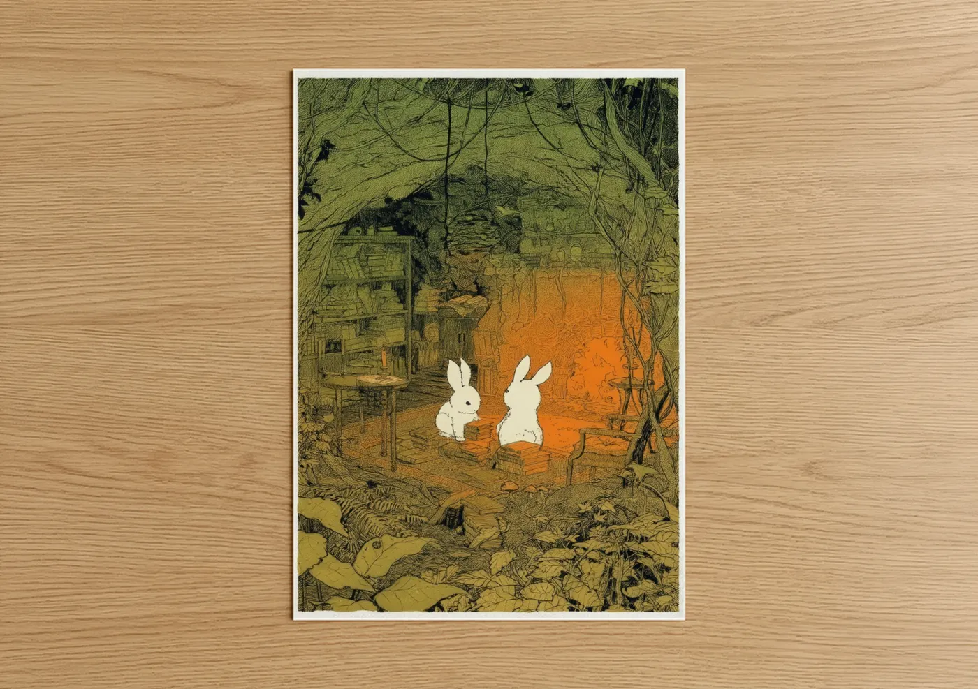 Art print on warm oak wood — olive and orange palette — Curious Rabbits poster