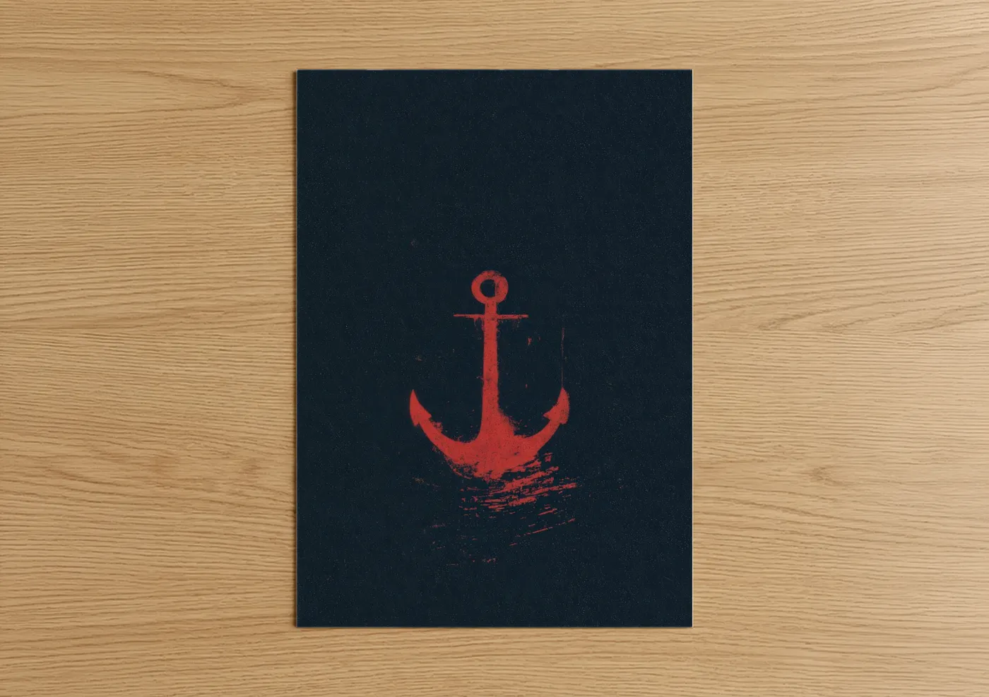 Art print on warm oak wood — red and black palette — Crimson Anchor poster