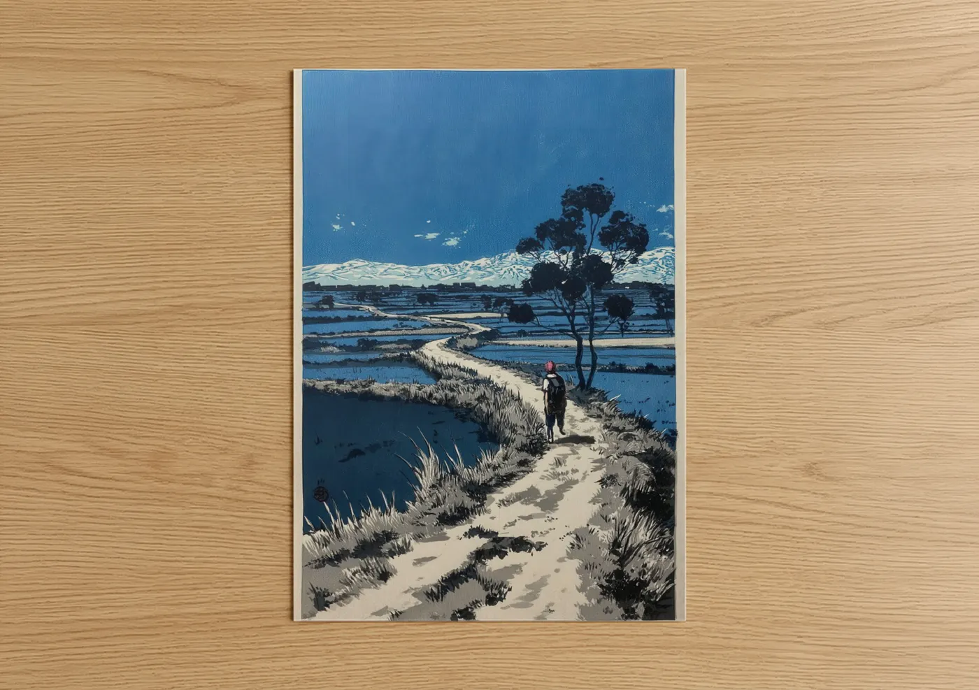 Various landscapes art print on warm oak wood — blue and white palette — Snowy Valley Path poster