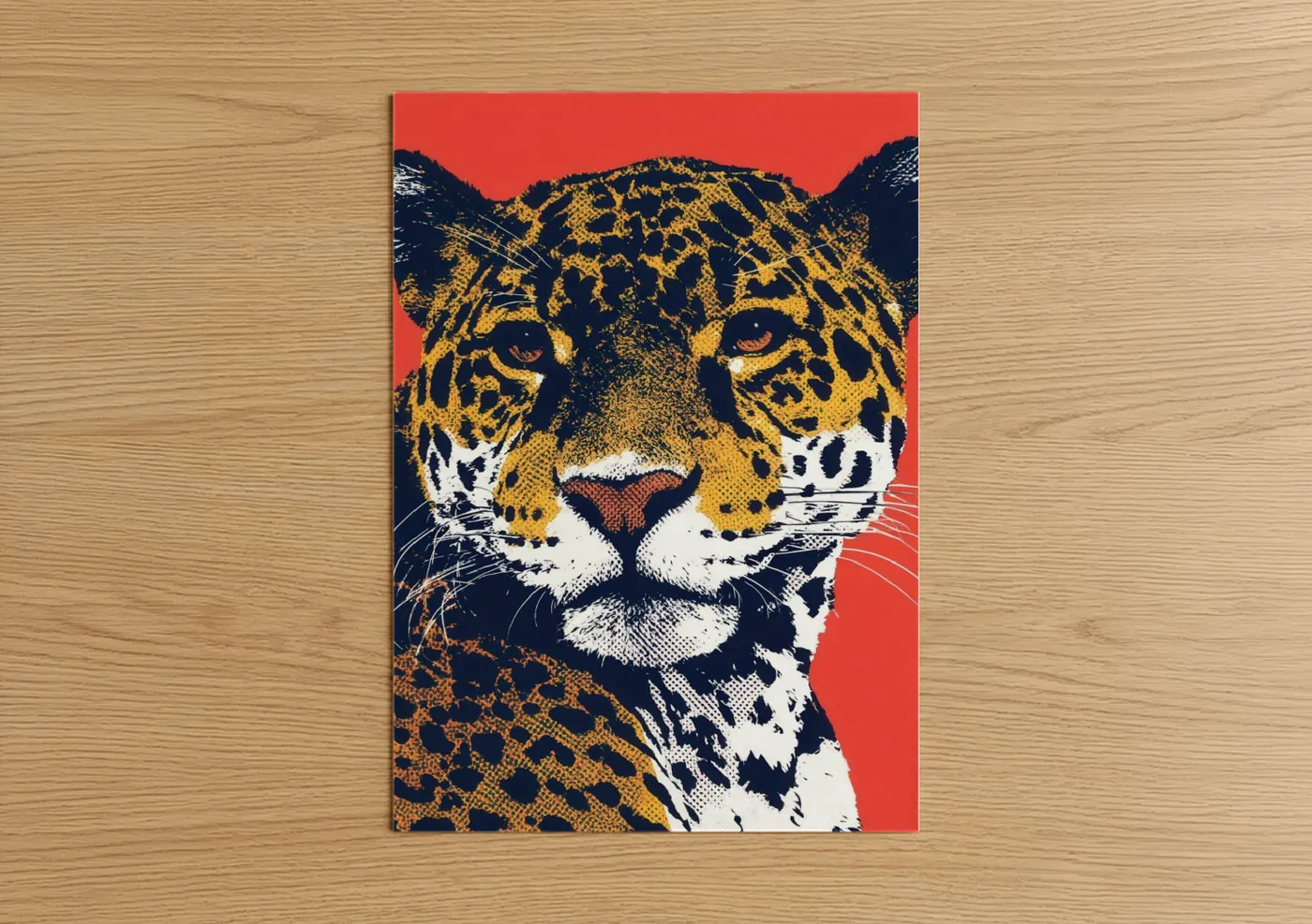 Art print on warm oak wood — gold and black and gold palette — Golden Jaguar Portrait poster