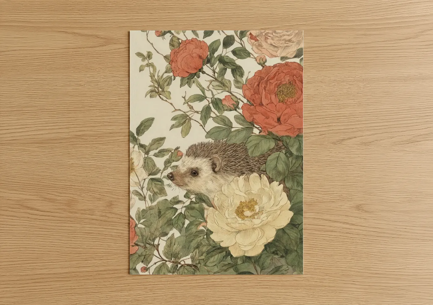 Hedgehog Among Roses Garden Illustration Wall Art