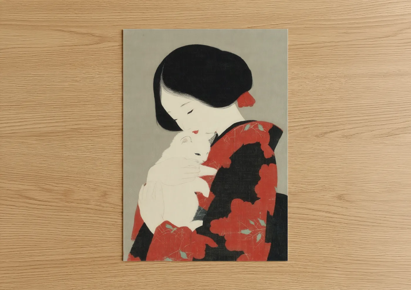 Girl With White Cat Japanese Art Wall Art