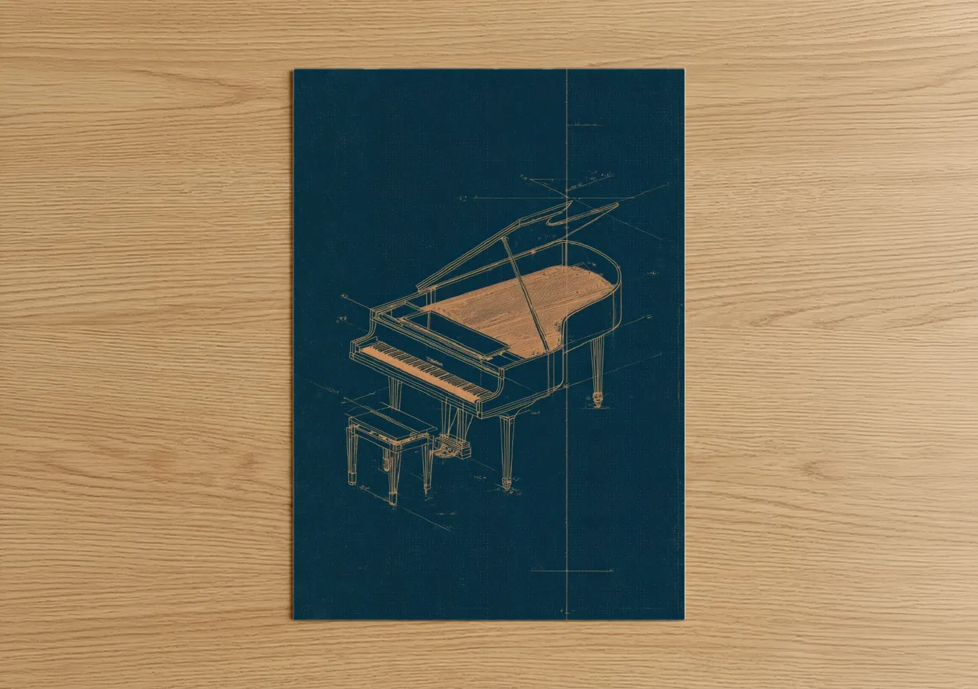 Art print on warm oak wood — dark blue and gold palette — Grand Piano Blueprint poster
