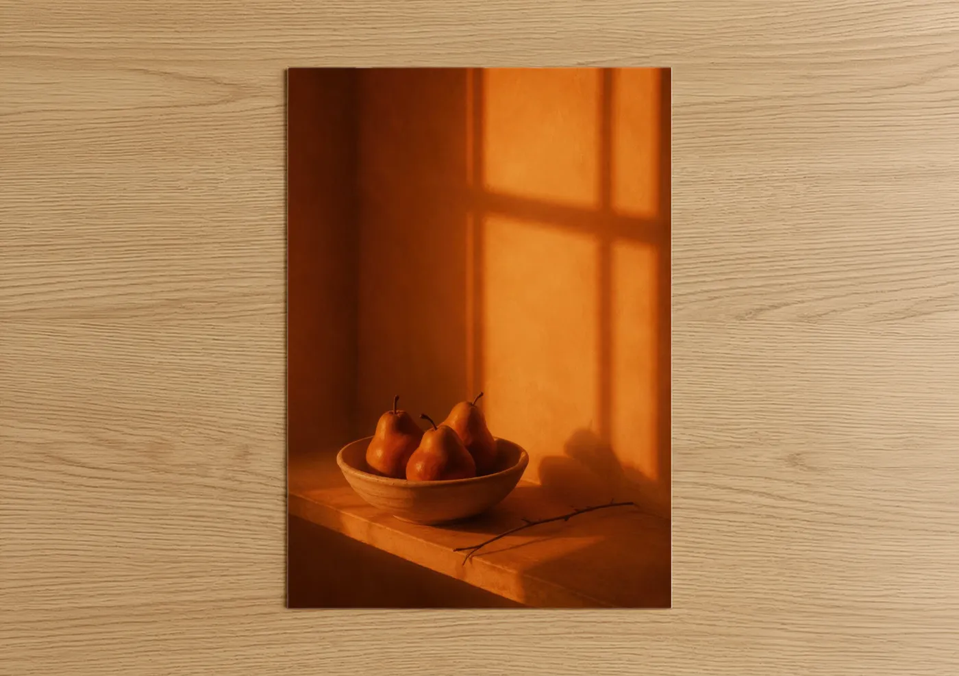 Fruit art print on warm oak wood — orange and gold palette — Golden Hour Pears Kitchen Wall Art poster
