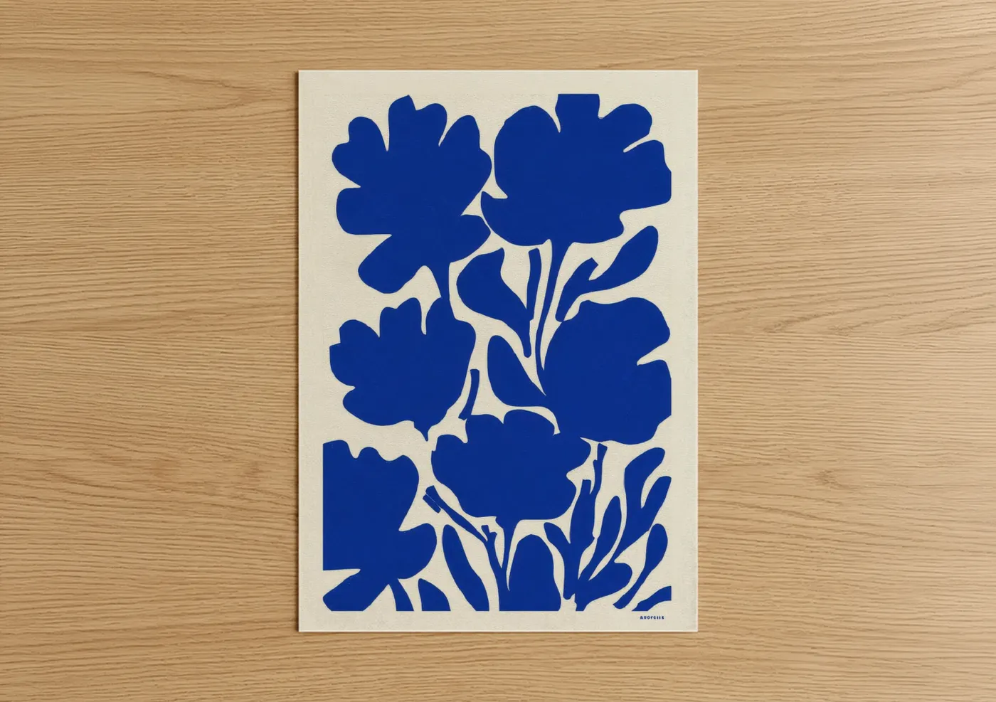 Art print on warm oak wood — blue and cream palette — Blue Abstract Flowers poster