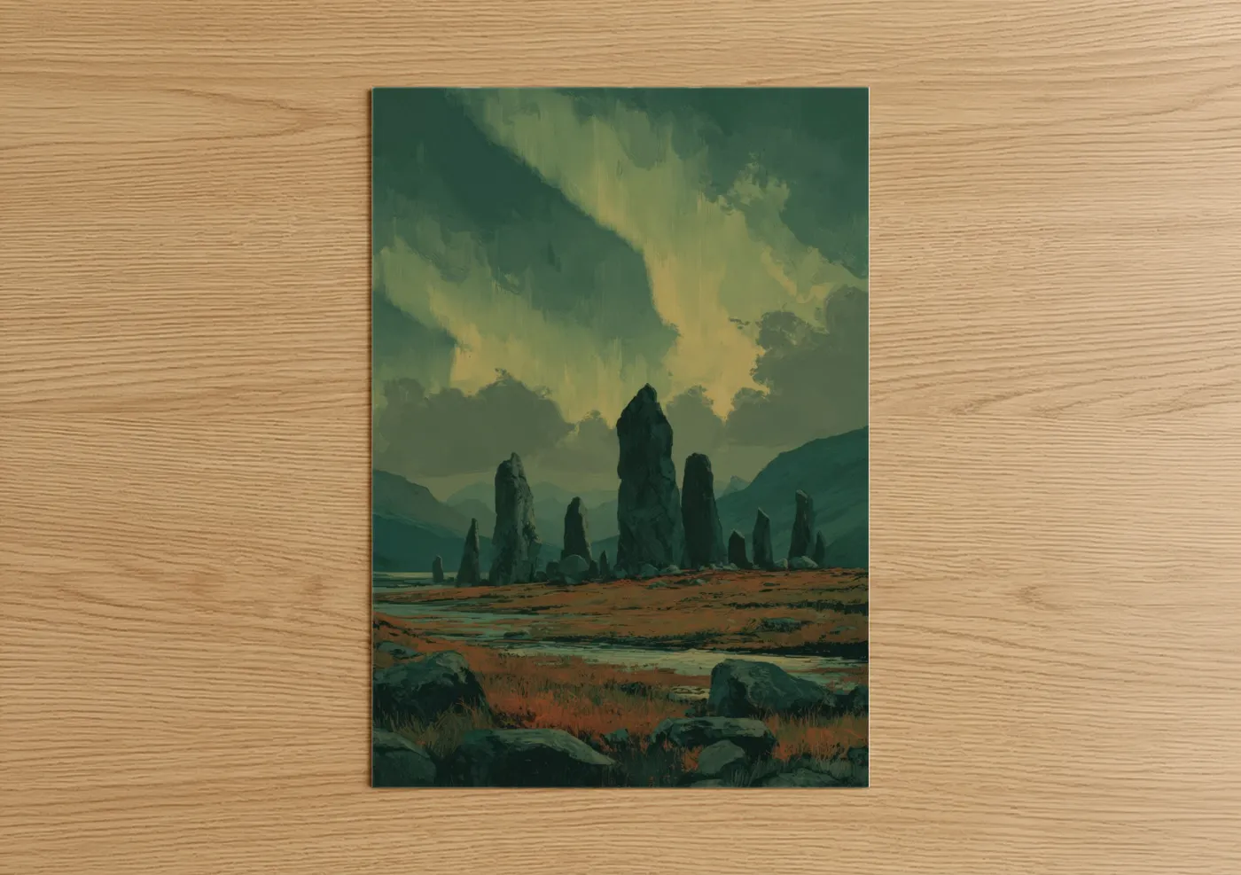 Northern lights art print on warm oak wood — teal and gold palette — Emerald Aurora poster