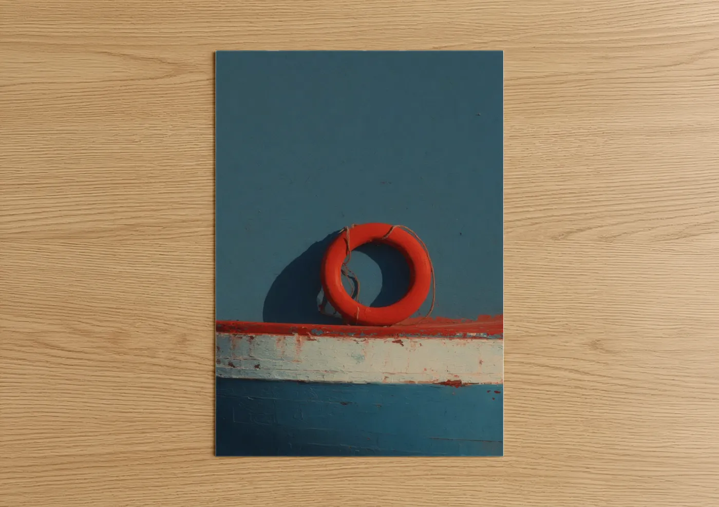 Art print on warm oak wood — red and blue and white palette — Coastal Life Ring poster