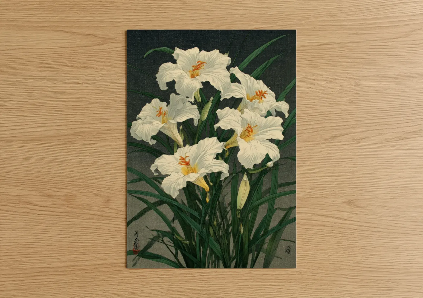 Art print on warm oak wood — white and dark green palette — Creamy Amarillys poster