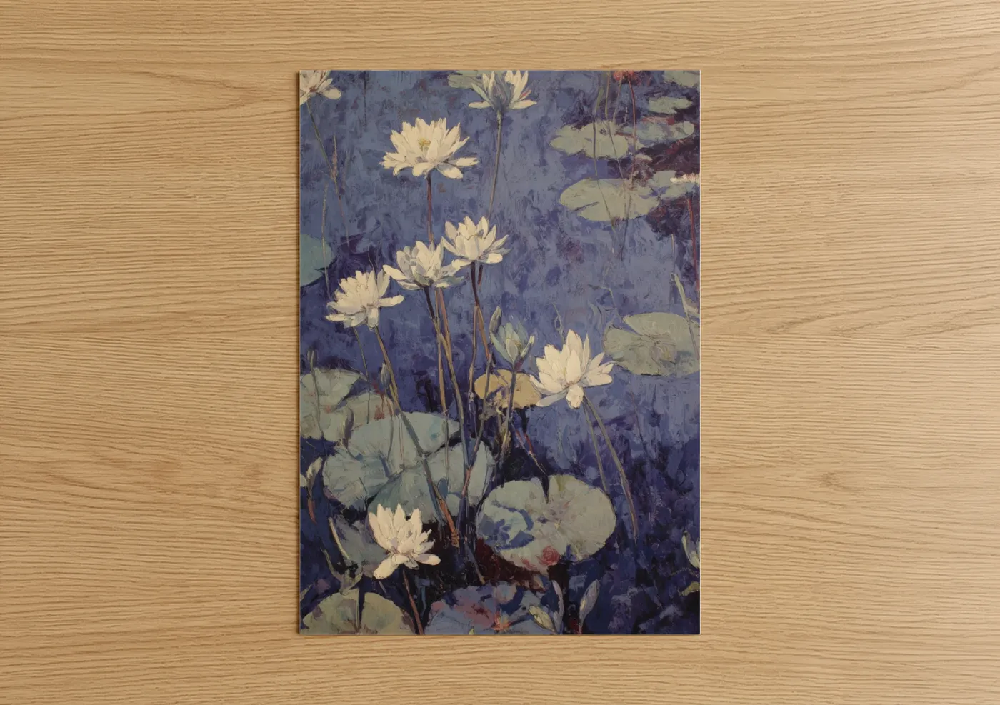 Lily art print on warm oak wood — blue and white palette — Serene Lilies poster