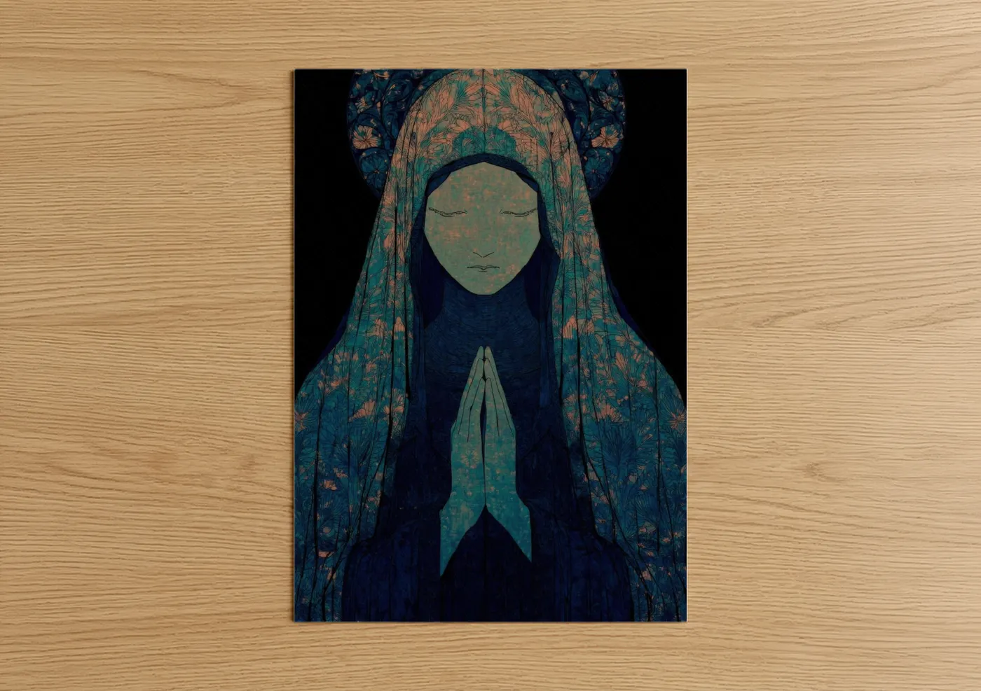 Virgin mary art print on warm oak wood — teal and dark blue palette — Serene Devotion poster