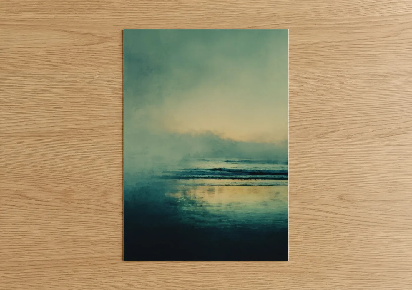 Seascapes and ocean art print on warm oak wood — teal and cream palette — Misty Ocean Dawn poster