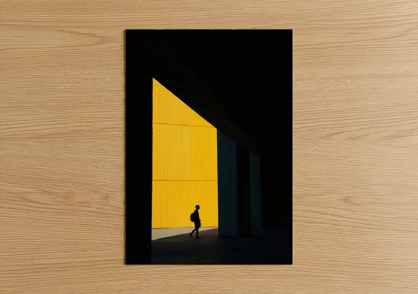 Abstract architecture art print on warm oak wood — yellow gold and black palette — Solitary Explorer poster