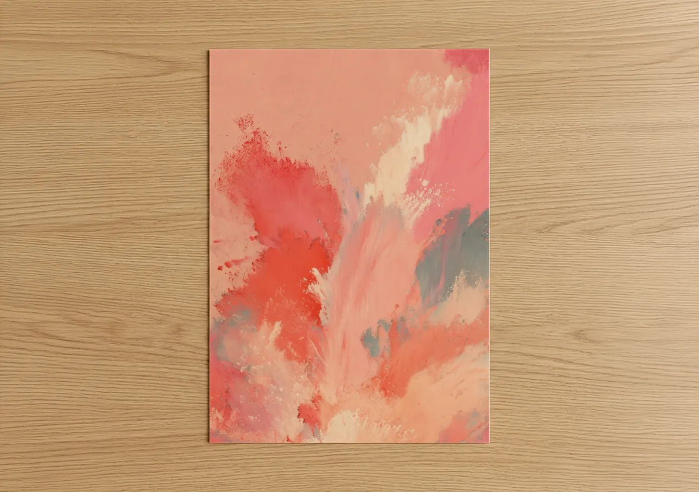Make up art print on warm oak wood — salmon pink and peach palette — Coral Blush Splash poster