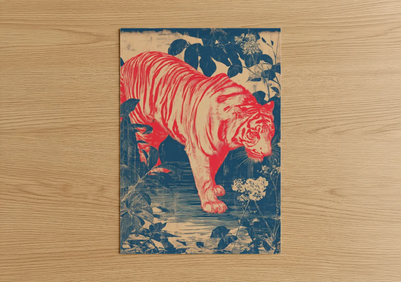 Art print on warm oak wood — red and dark blue palette — Jungle Tiger Print poster