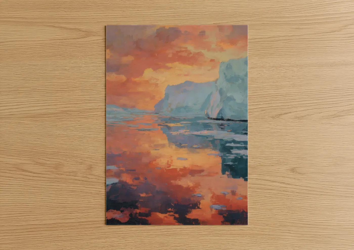 Art print on warm oak wood — gold and blue palette — Golden Glacier Sunset poster