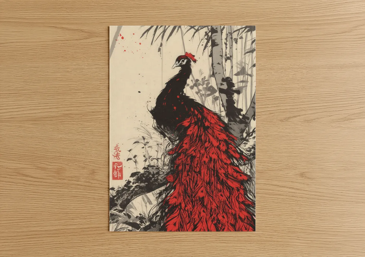 Art print on warm oak wood — red and black and white palette — Crimson Peacock poster