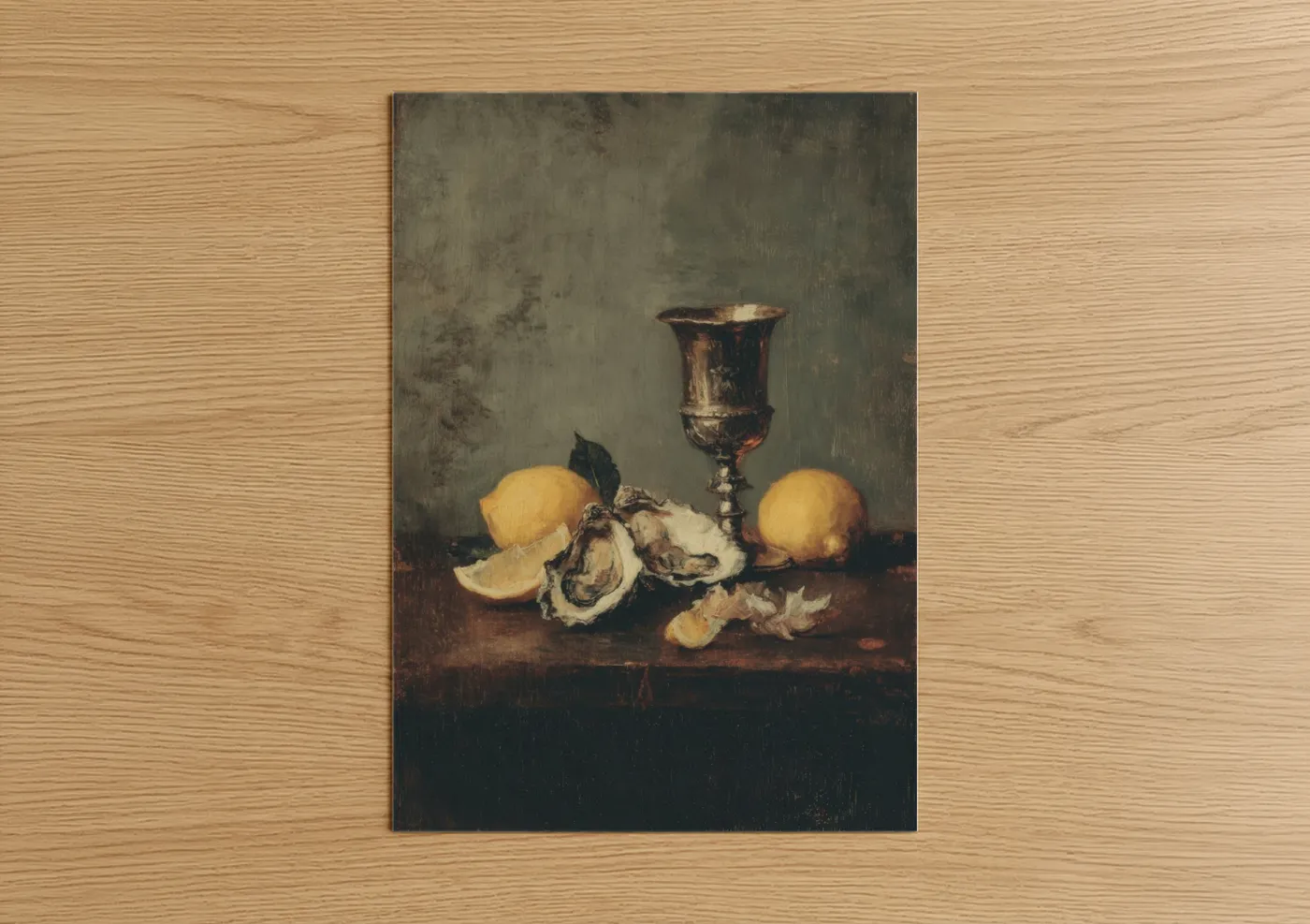 Art print on warm oak wood — gold and brown palette — Golden Oyster Still Life poster