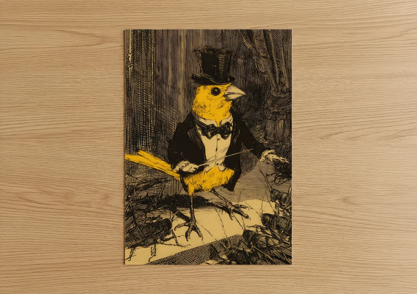Canaries art print on warm oak wood — black and white and yellow gold palette — Dapper Canary poster